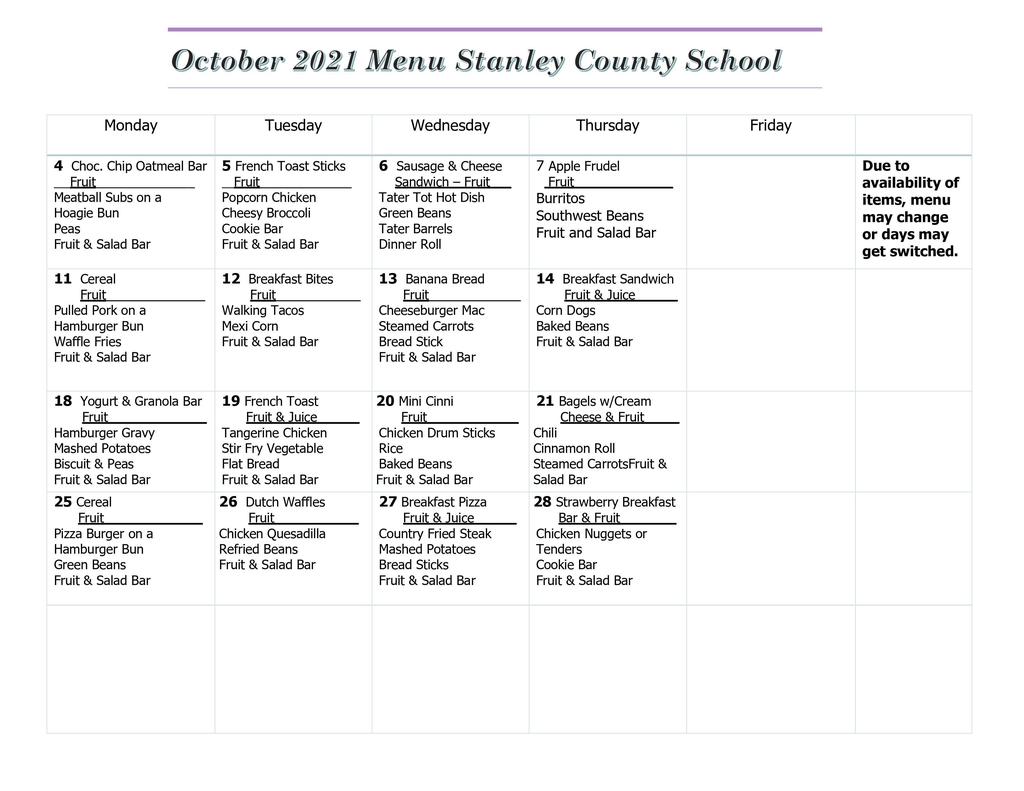 October menu as of 10-14-21